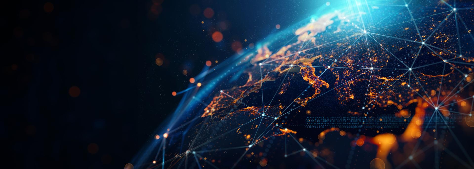dynamic digital world map emphasize Western Europe continental  for AI powered global network and connectivity big data transfer and cyber technology network information exchange and telecommunication concept.