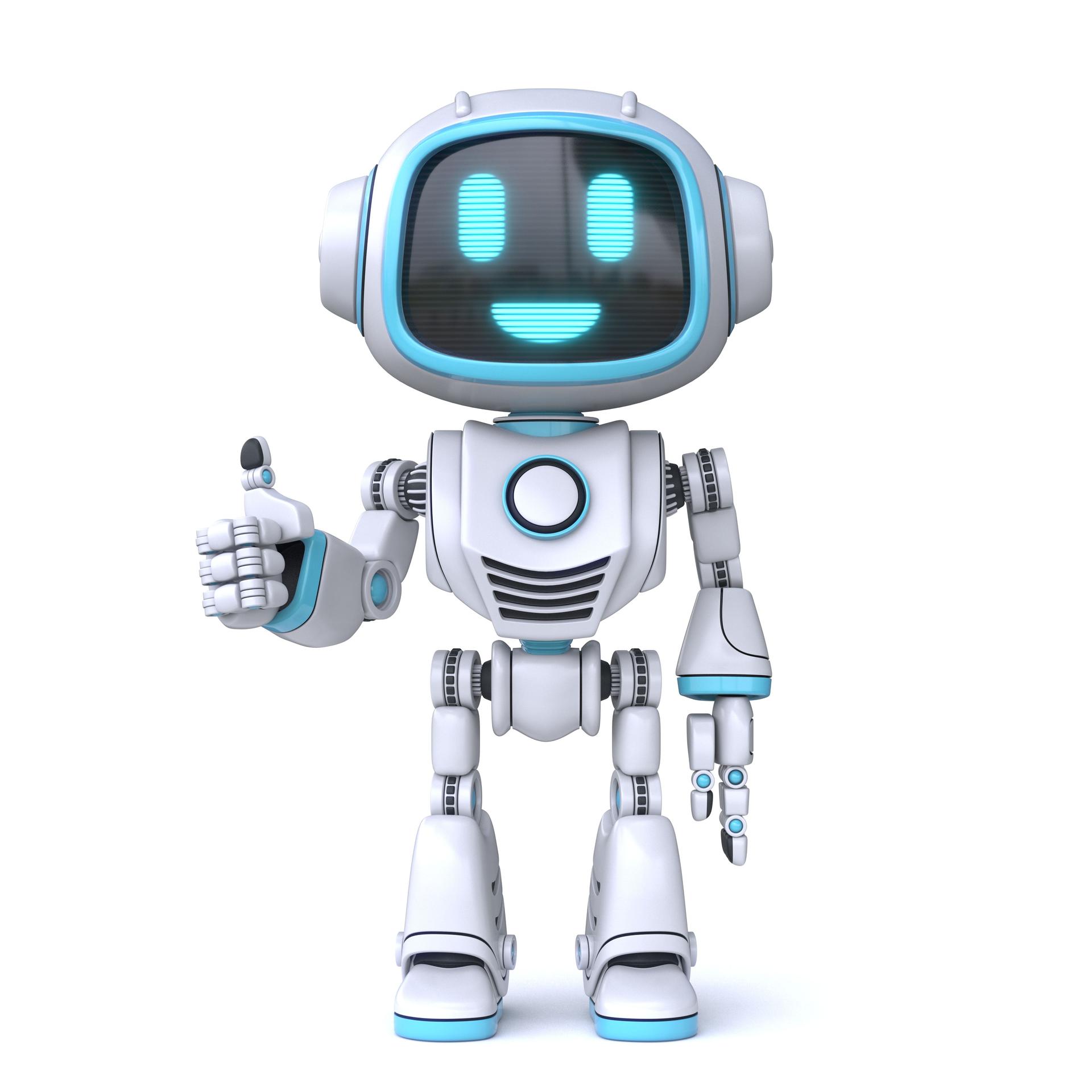 Cute blue robot giving thumbs up 3D